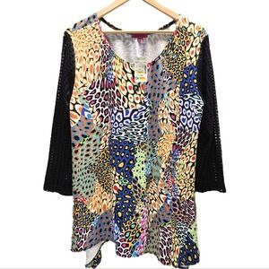 Max & Rina Mesh Sleeve Top Women's Size XL Colorful Patchwork V Neck